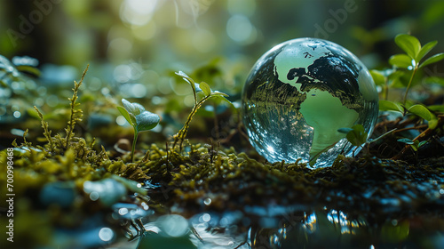 Concept of Environmental Awareness: Symbolic Earth Globe in a Transparent Drop of Water on a Green Forest Floor. Global Eco-Awareness, Climate Impact, Eco-Background. © LotusBlanc