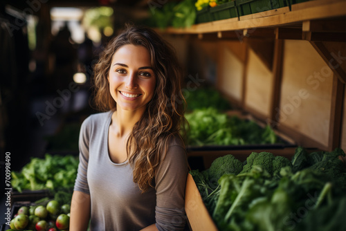 Smiling Woman with Long Hair Shopping on a Vegetable Organic Market Standing in Front of Wooden Boxes with Green Fresh Vegetables. © LotusBlanc