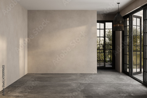 Modern contemporary empty room yard view 3d render overlooking the living room behind the room has concrete floors, beige walls for copy space, sunlight enter the room. photo