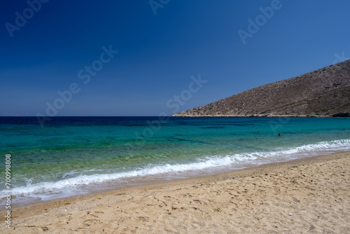 Panoramic view of the amazing sandy and turquoise dream beach of Agia Theodoti in Ios Cyclades Greece