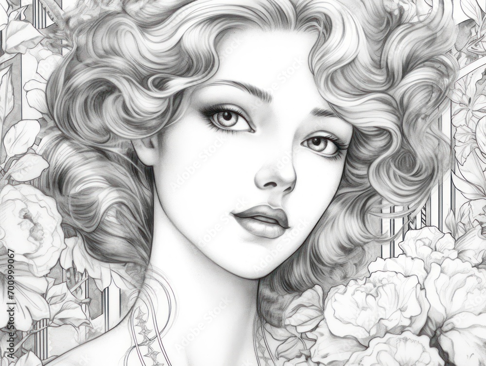 A coloring book page of a beautiful young woman from the 1920s A coloring book page of a beautiful young woman from the 1920s