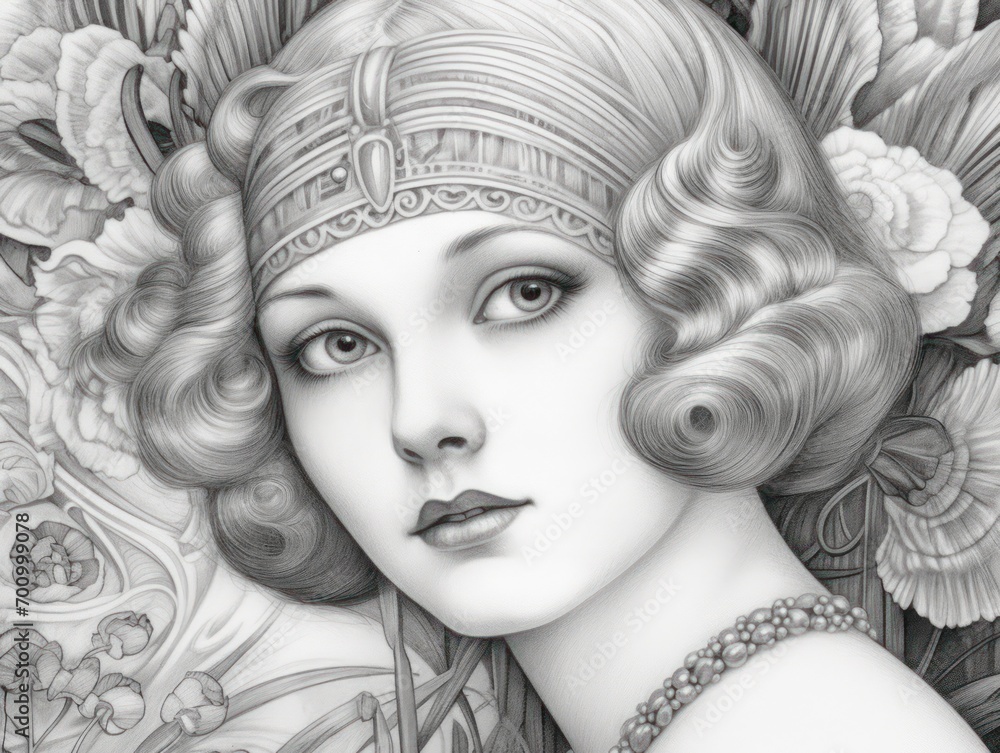 A coloring book page of a beautiful young woman from the 1920s