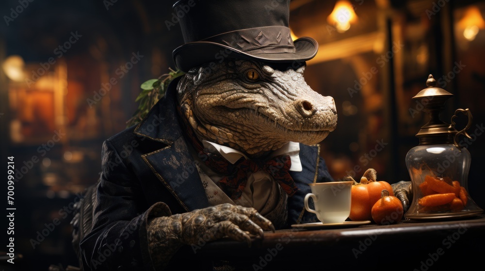 An alligator in a suit and top hat having tea on a dock smiling