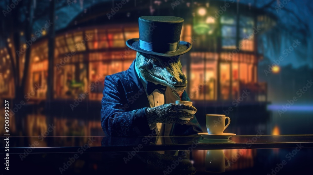 An alligator in a suit and top hat having tea on a dock smiling An alligator in a suit and top hat having tea on a dock smiling