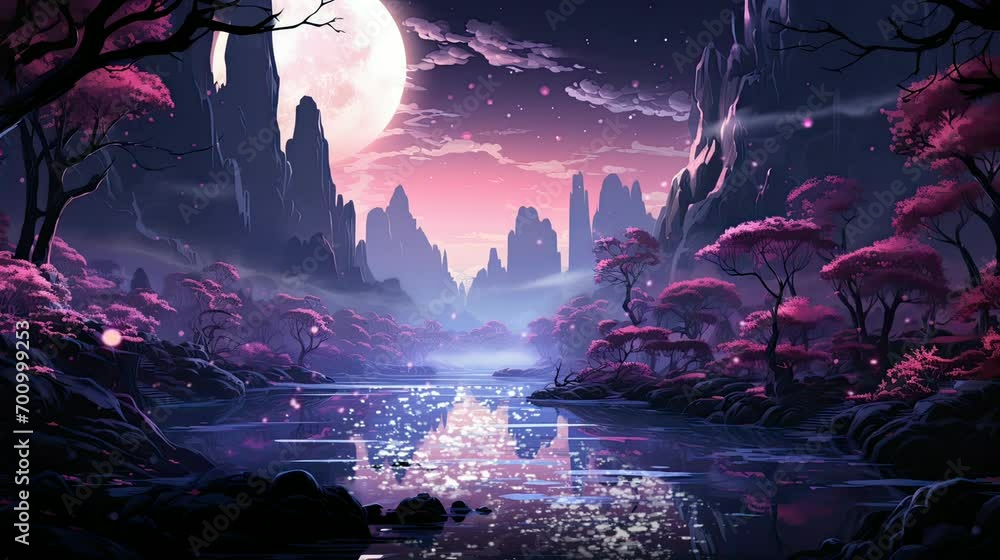 beautiful view with watercolor anime style. Seamless looping, 4k time lapse video, animation background