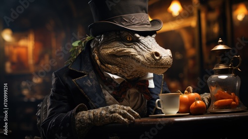 An alligator in a suit and top hat having tea on a dock smiling