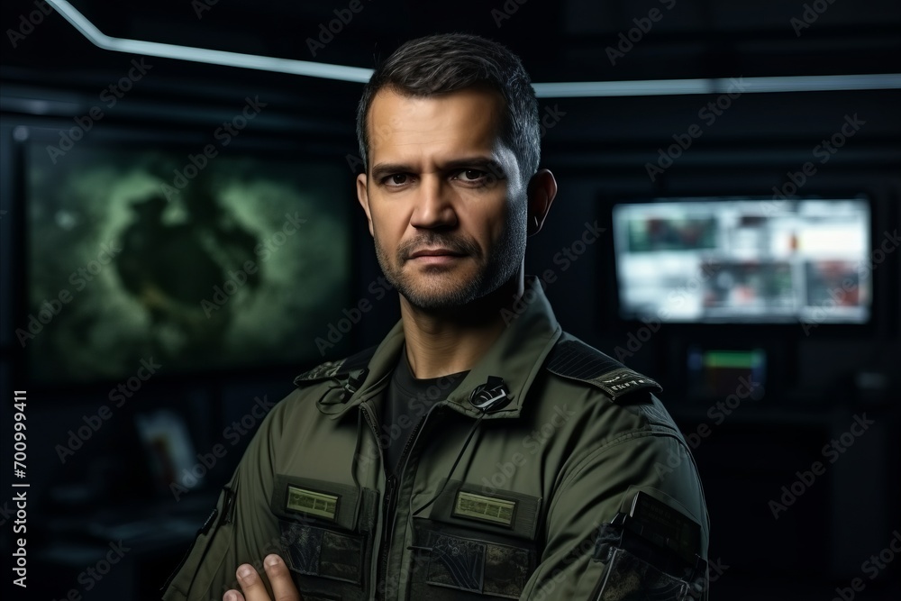 Portrait of a serious soldier standing with arms crossed in a dark room