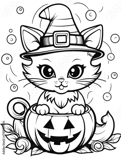 Cute Halloween cat coloring page wearing a witches hat