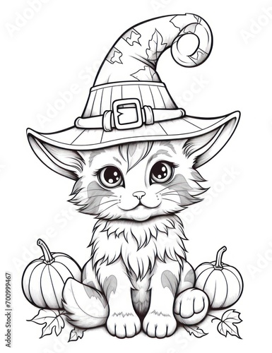 Cute Halloween cat coloring page wearing a witches hat