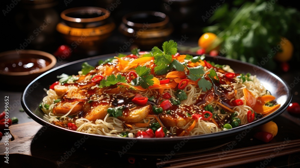 A bowl of Asian noodles with vegetables drizzled with peanut sauce