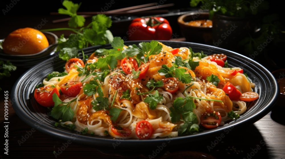 A bowl of Asian noodles with vegetables drizzled with peanut sauce A bowl of Asian noodles with vegetables drizzled with peanut sauce