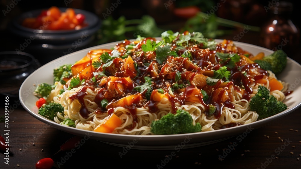 A bowl of Asian noodles with vegetables drizzled with peanut sauce A bowl of Asian noodles with vegetables drizzled with peanut sauce