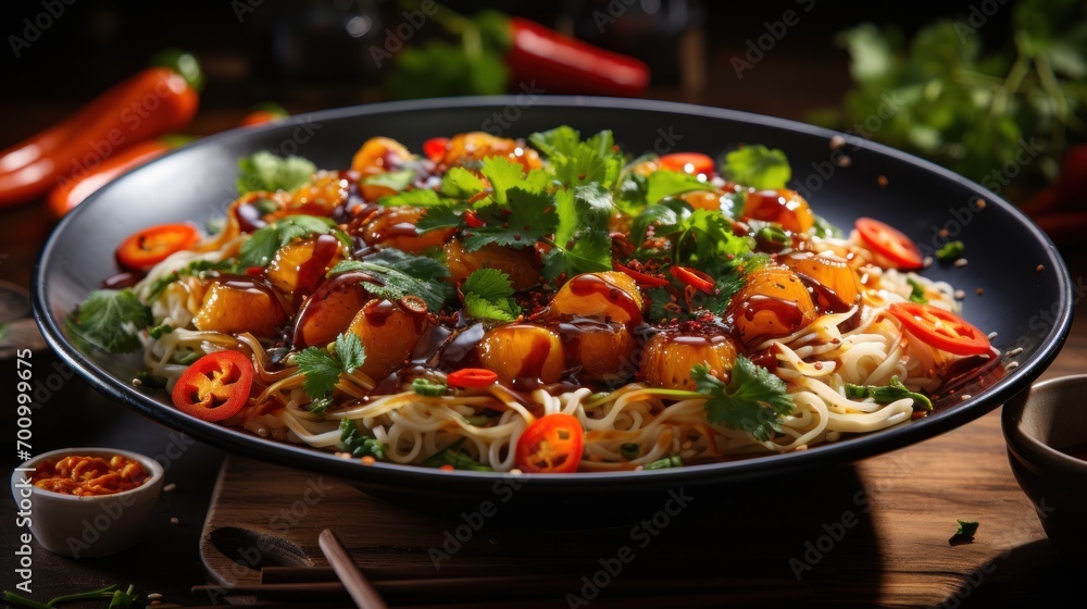 A bowl of Asian noodles with vegetables drizzled with peanut sauce A bowl of Asian noodles with vegetables drizzled with peanut sauce