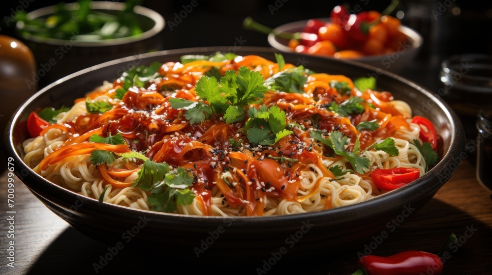 A bowl of Asian noodles with vegetables drizzled with peanut sauce A bowl of Asian noodles with vegetables drizzled with peanut sauce