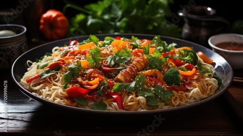 A bowl of Asian noodles with vegetables drizzled with peanut sauce