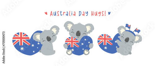 Photography Australia day koalas with heart flag in heart shape, group of baby animal celebrate Australian Nation day cartoon hand drawing
