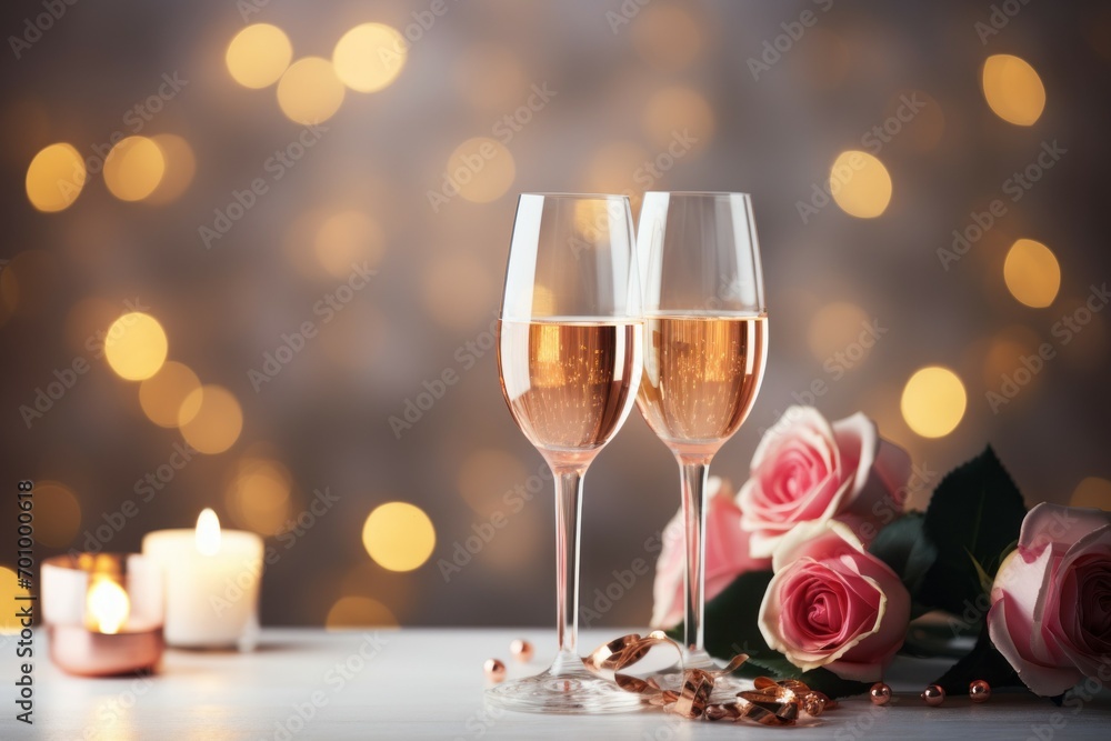 Champagne in the romantic atmosphere of lovers. Background with selective focus and copy space Champagne in the romantic atmosphere of lovers. Background with selective focus and copy space