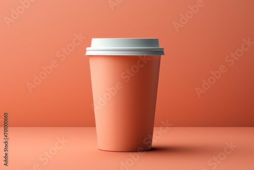 Mockup of a coffee cup in a trendy color. Background with selective focus and copy space