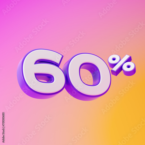 White sixty percent or 60 % with purple outline isolated over pink and yellow background. 3D rendering. © cosmoman