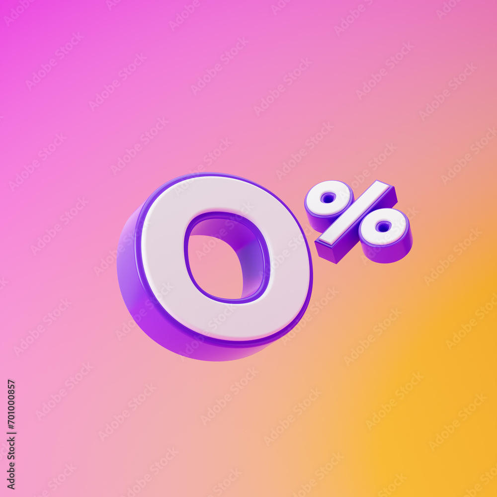 White zero percent or 0 % with purple outline isolated over pink and yellow background. 3D rendering. White zero percent or 0 % with purple outline isolated over pink and yellow background. 3D rendering.
