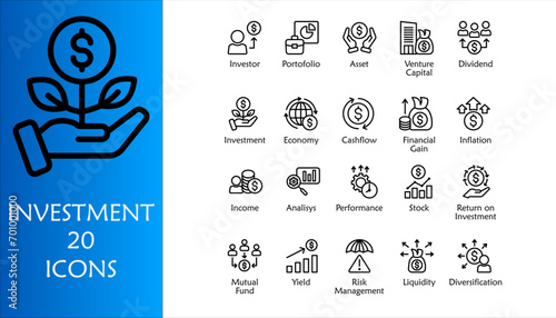 Investment icon set. Containing investor, mutual fund, asset, risk management, economy, financial gain, interest and stock icons. Outline icon collection