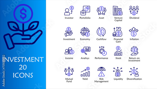 Investment icon set. Containing investor, mutual fund, asset, risk management, economy, financial gain, interest and stock icons. Outline Color icon collection photo