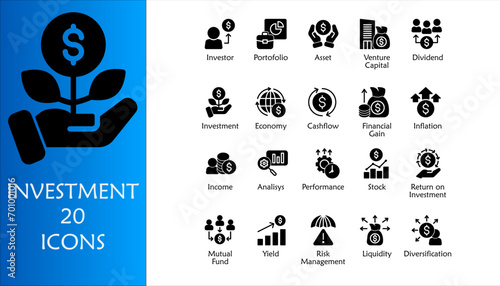 Investment icon set. Containing investor, mutual fund, asset, risk management, economy, financial gain, interest and stock icons. Solid icon collection
