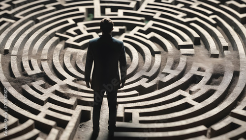 States of mind and psychology concept. Man silhouette in maze or labyrinth. Finding solution and self concept.