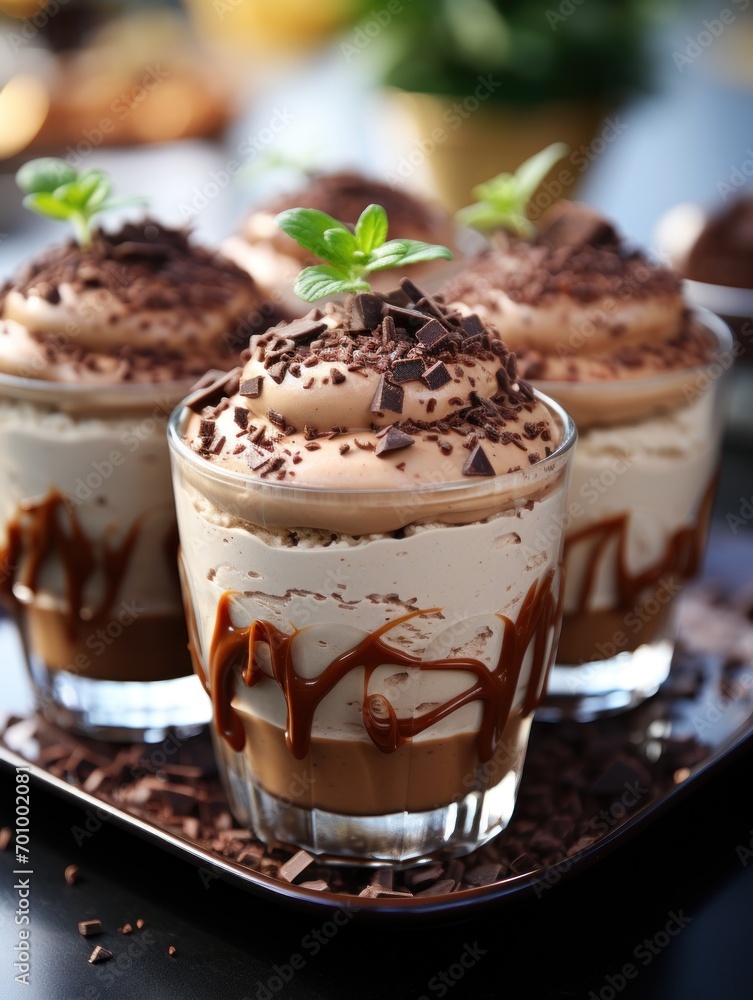 Creamy chocolate mousse in glass cups Creamy chocolate mousse in glass cups