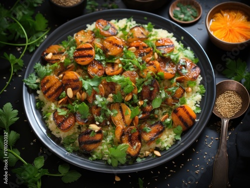 Couscous salad with dried apricots and pine nuts with fresh chopped herbs on a white table