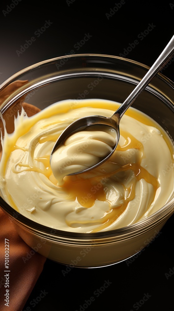 mayonnaise, dijon mustard, and cider vinegar being whisked in a mixing bowl mayonnaise, dijon mustard, and cider vinegar being whisked in a mixing bowl