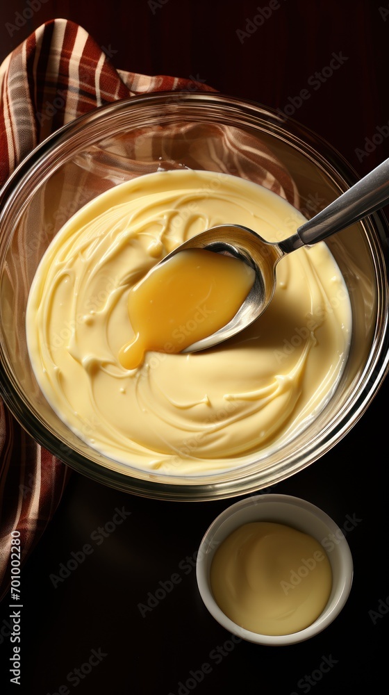 mayonnaise, dijon mustard, and cider vinegar being whisked in a mixing bowl mayonnaise, dijon mustard, and cider vinegar being whisked in a mixing bowl