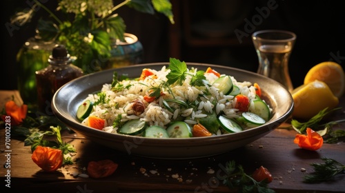Couscous salad with dried apricots and pine nuts with fresh chopped herbs on a white table