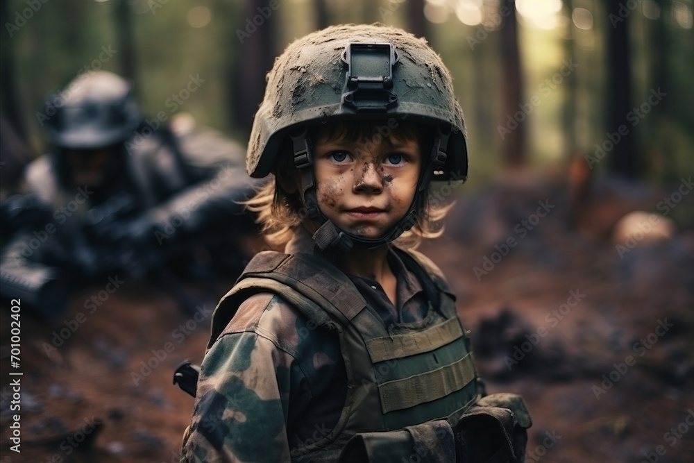 Portrait of a child soldier in the forest. Selective focus. Portrait of a child soldier in the forest. Selective focus.