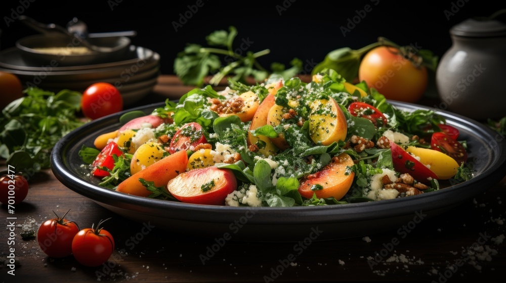 Couscous salad with dried apricots and pine nuts with fresh chopped herbs on a white table Couscous salad with dried apricots and pine nuts with fresh chopped herbs on a white table