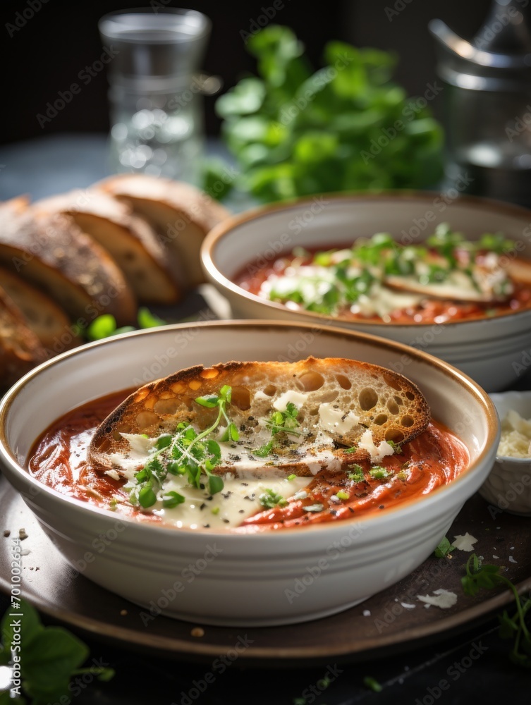 Roasted tomato soup in bowls Roasted tomato soup in bowls