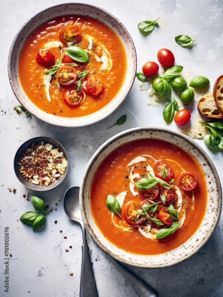 Roasted tomato soup in bowls Roasted tomato soup in bowls