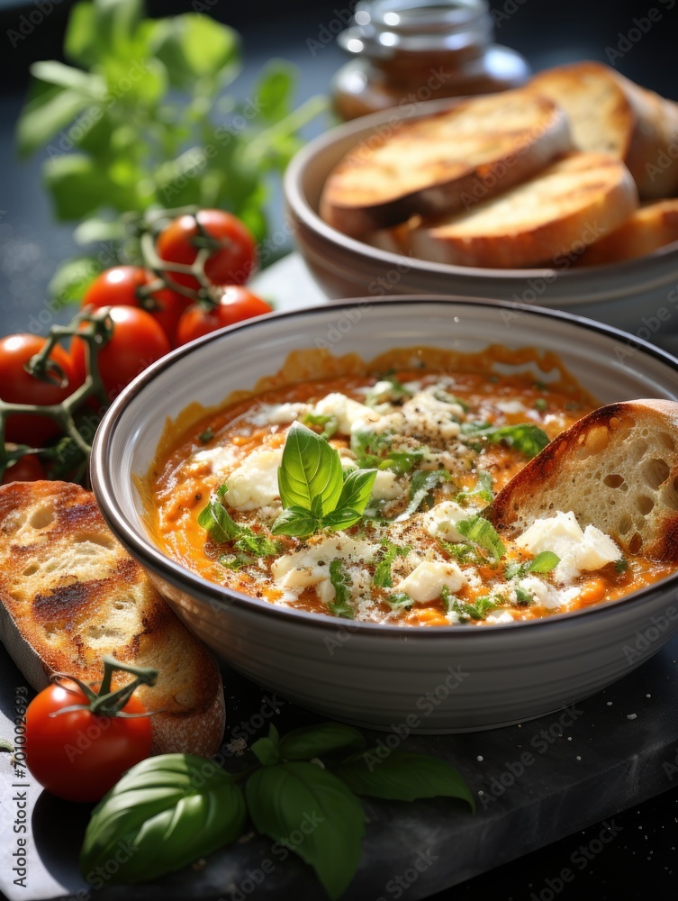 Roasted tomato soup in bowls