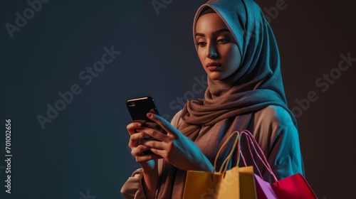 Happy Muslim Arab Woman wearing a hijab holding smartphone and bright paper shopping bags on a studio background Concept of Shopping, Black Friday sale and Cyber Monday online. photo