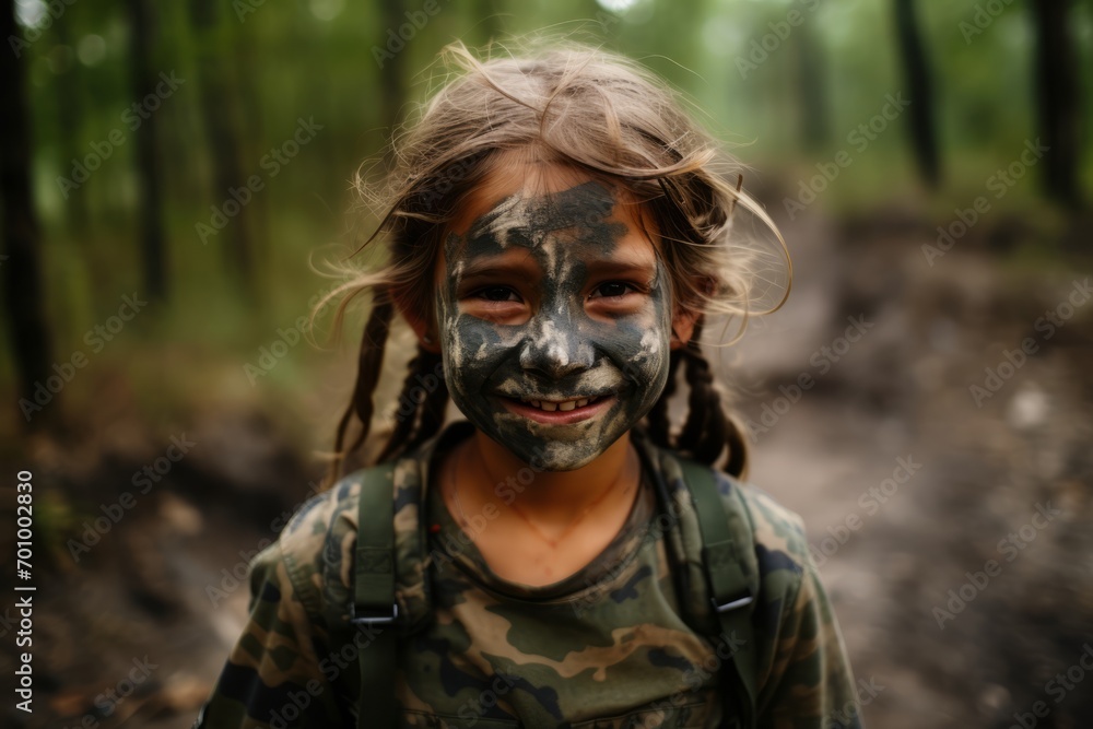 Beautiful girl with painted face in the forest. Selective focus.