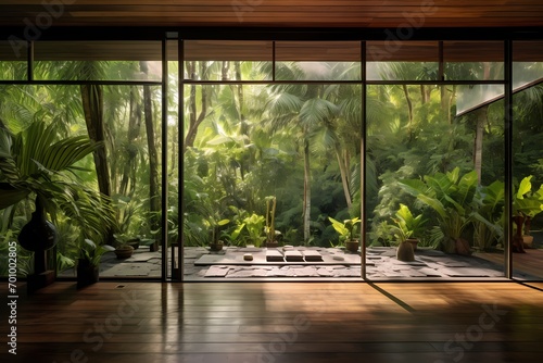 Garden retreat yoga studio surrounded by lush greenery, open-air design, and a connection to nature