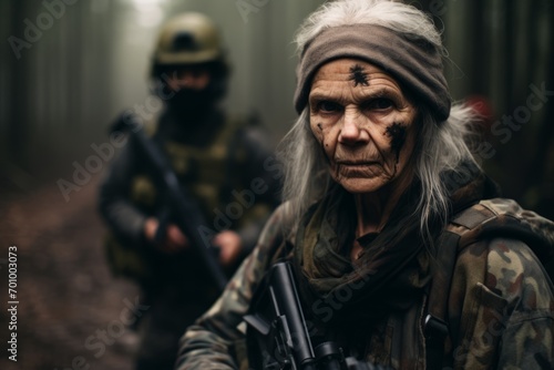 Portrait of an elderly woman in a military uniform with a machine gun.