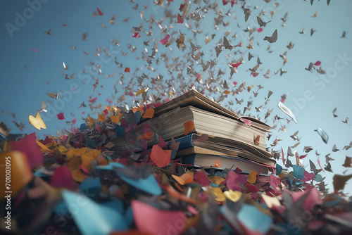 Bücher, zettel, fliegebooks, notes, flying, colorful, sky, stack of booksn, bunt, himmel, bücherstapel,  photo