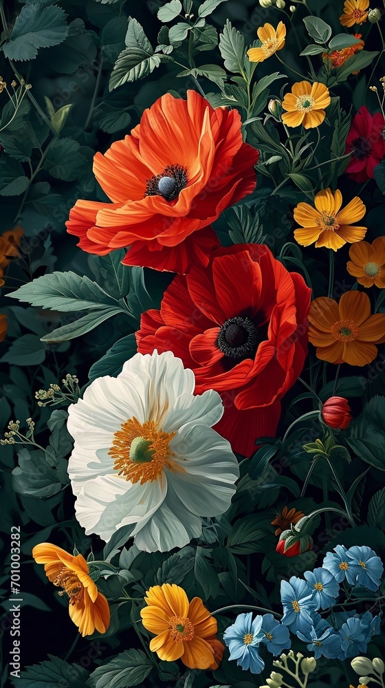 red and yellow flowers, seamless floral background