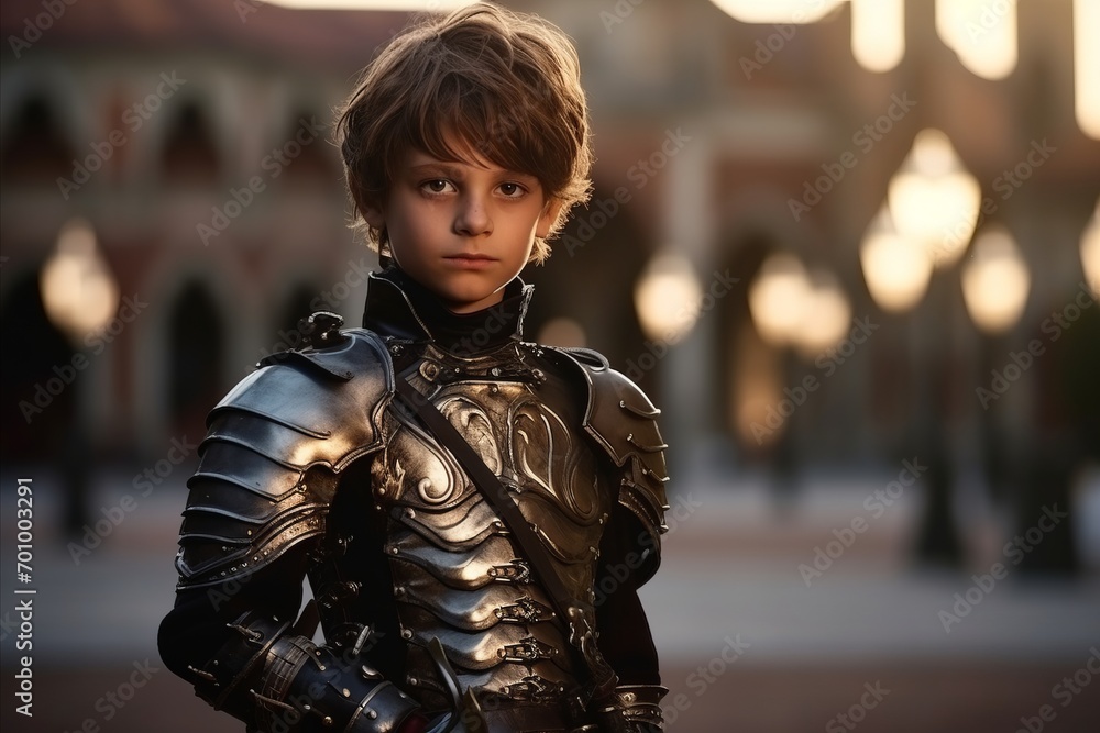 Portrait of a boy in a medieval armor on the background of the old city Portrait of a boy in a medieval armor on the background of the old city