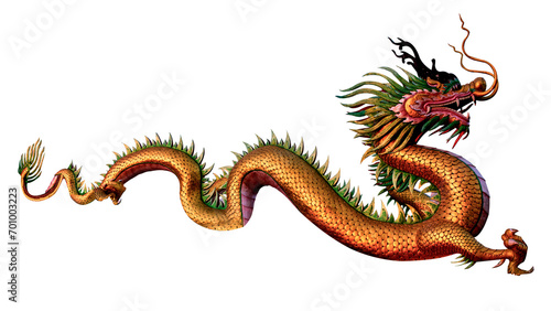 Old stucco golden dragon on transparent background.