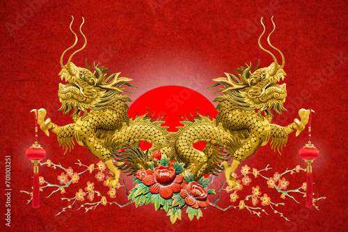 2024 Chinese New Year, year of the golden Dragon on red paper background.Happy New Year and Chinese New Year concept.