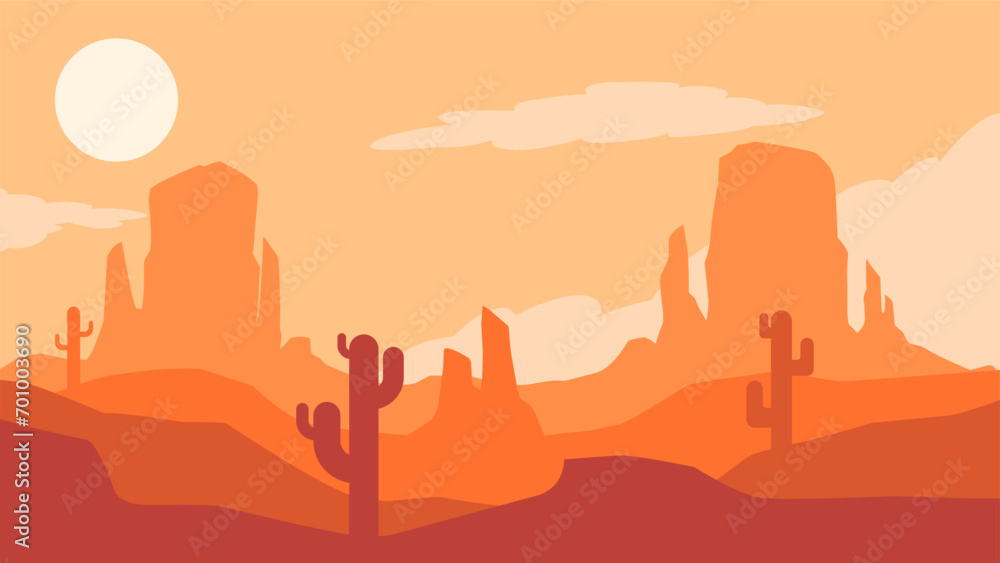 Desert landscape vector illustration. Canyon desert silhouette landscape with sunset sky. Wild west desert landscape for illustration, background or wallpaper. American desert vector illustration Desert landscape vector illustration. Canyon desert silhouette landscape with sunset sky. Wild west desert landscape for illustration, background or wallpaper. American desert vector illustration