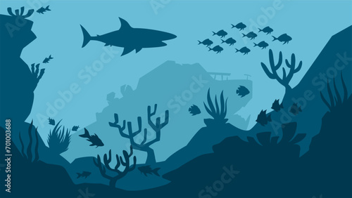 Underwater seascape vector illustration. Deep sea landscape with shipwreck  fish and coral reef. Undersea landscape for illustration  background or wallpaper