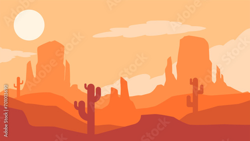 Desert landscape vector illustration. Canyon desert silhouette landscape with sunset sky. Wild west desert landscape for illustration, background or wallpaper. American desert vector illustration